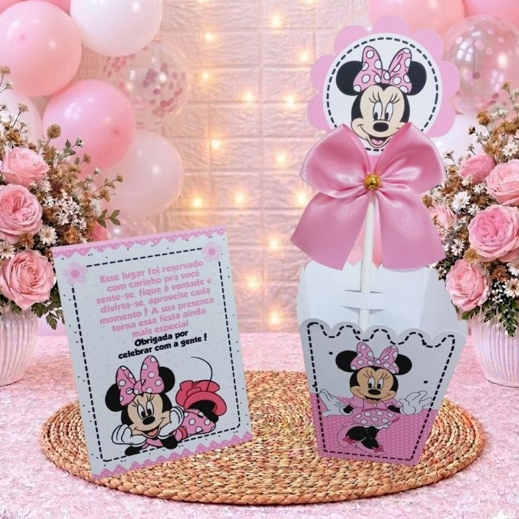 Centro de Mesa Cachepô + Plaquinhas MINNIE ROSA ou Somente Plaquinhas - Decoração de Mesa - (PEGUE E MONTE)