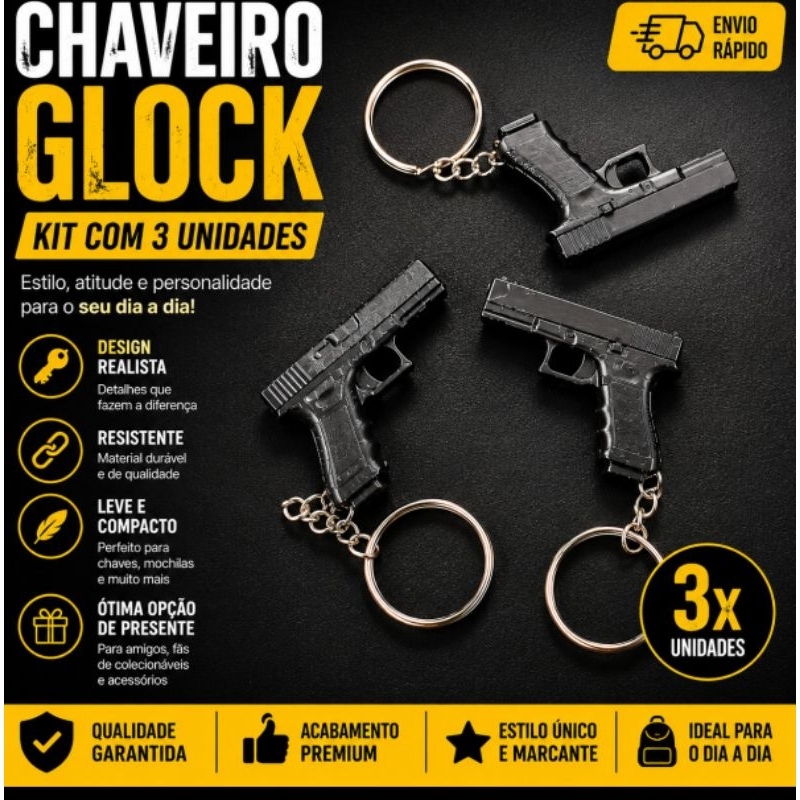 Chaveiro pistola Glock Miniatura – Kit com 3 Unidades
