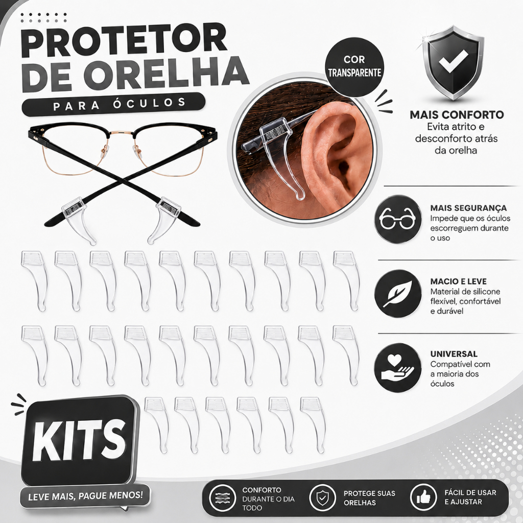 Kit Suporte Armação de Óculos Antiderrapante Gancho de Orelha em Silicone Adulto e Infantil Cor Transparente