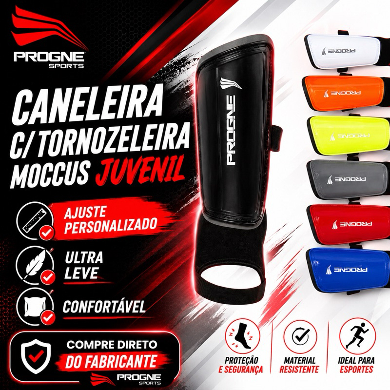 Caneleira Profissional Moccus Juvenil Progne Sports – Proteção, Conforto e Alto Desempenho