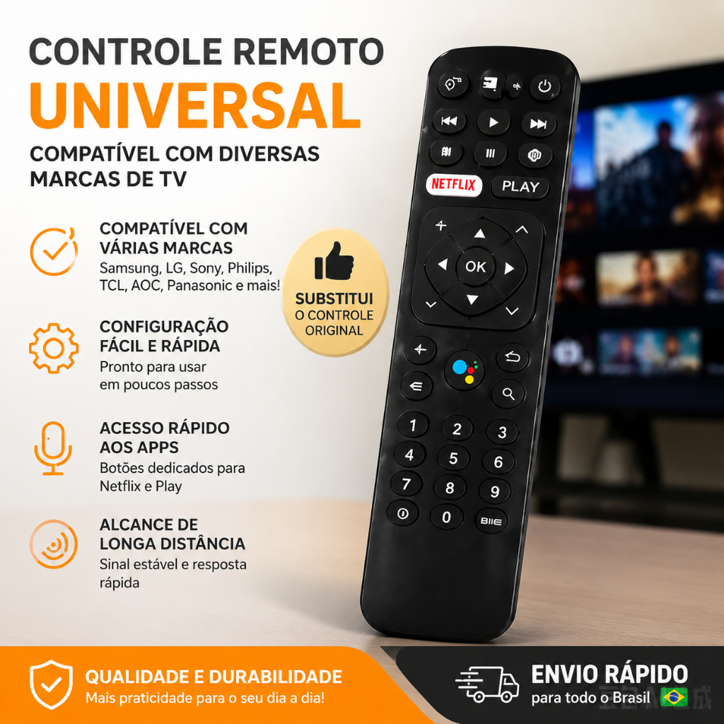 Controle Remoto Universal Smart TV com Botão Streaming Pronto Uso Para Diversas Marcas