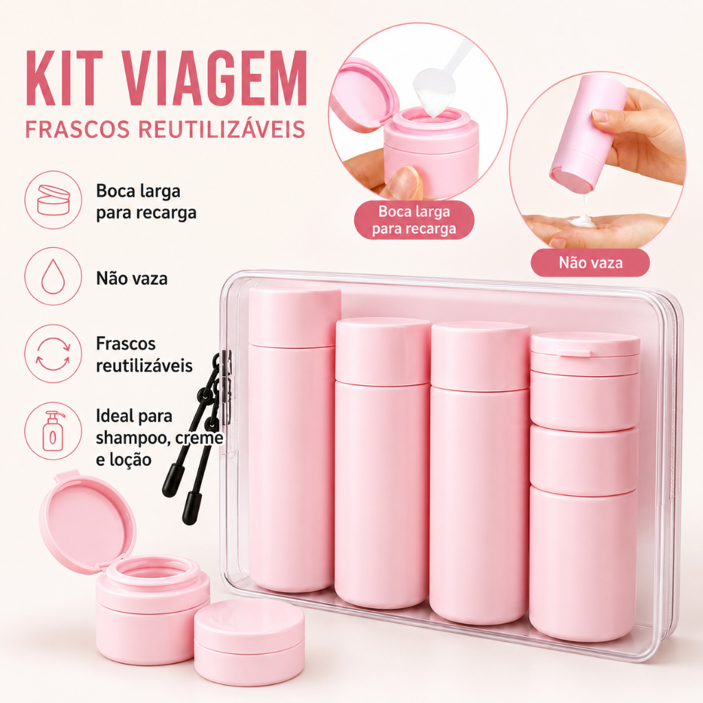 Conjunto de embalagem para artigos de higiene pessoal de viagem, xampu e loção