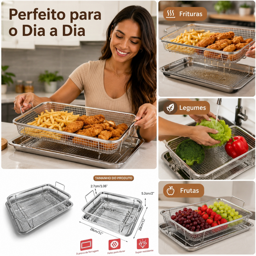 Detalhes do Bandeja com Escorredor Aço Inox Retangular Escorredor de Óleo Multiuso para Fritura Pastel Salgados Utensílio Cozinha