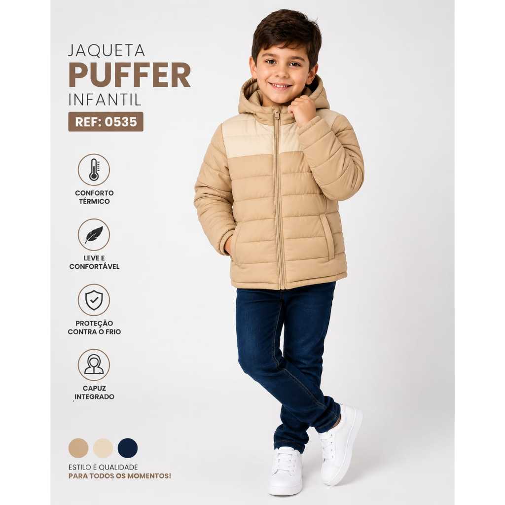 Jaqueta Puffer Infantil Masculina Premium com Capuz Térmica Inverno REF 0535