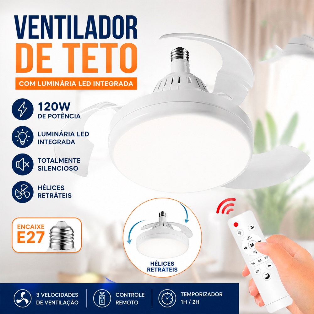 Ventilador de Teto E27 120W com LED Integrado Hélices Retráteis Controle Remoto Silencioso