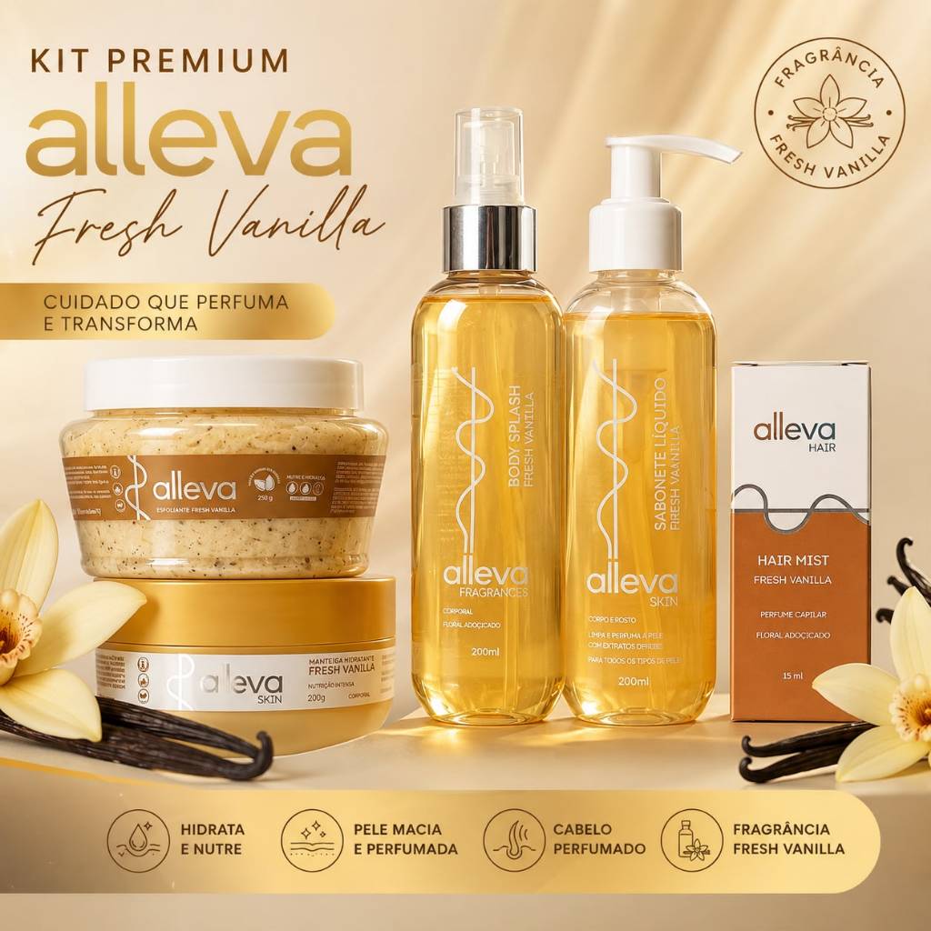 esfoliante + hair mist + manteiga + body splash + sabonete - Kit Banho Premium Alleva Vanilla 5itens