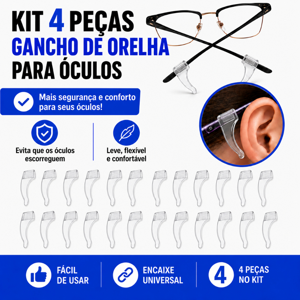 Kit 4 Suporte Para Armação de Óculos Antiderrapante Par Gancho Orelha 2 Pares Cor Transparente