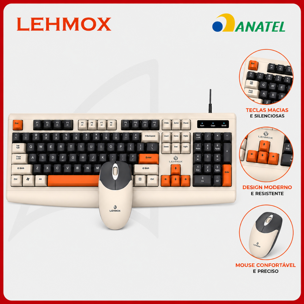 Teclado e Mouse com Fio LED Gamer Profissional USB Silencioso ABNT2 Original Lehmox