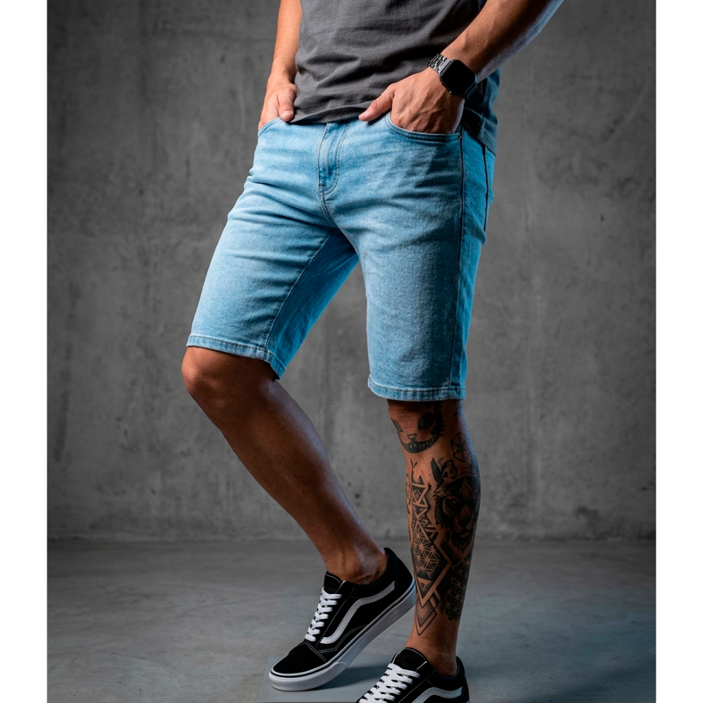 Bermuda Masculina Jeans Azul Claro Streetwear com Elastano Confortável 961321