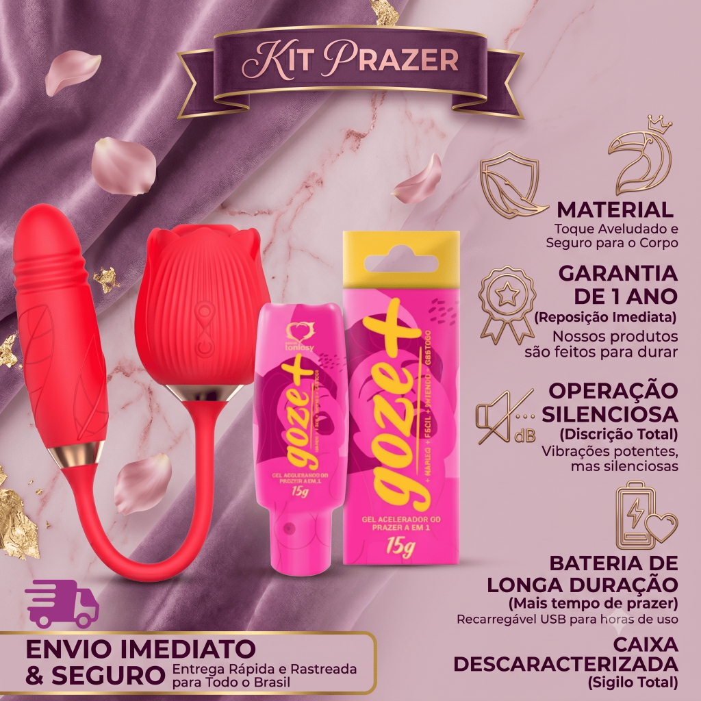 Kit Vibrador Sugador Feminino Recarregável Em Formato De Rosa + Goze+ Acelerador de Prazer Feminino Goze Mais 4 em 1