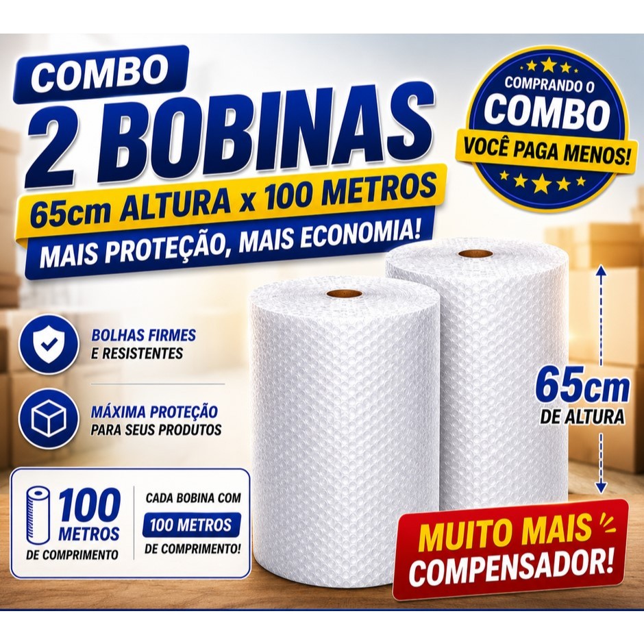 SUPER COMBO ** 2 Bobinas Plástico Bolha 65cm X 100 Metros E-commerce - ÓTIMO CUSTO BENEFÍCIO!!!