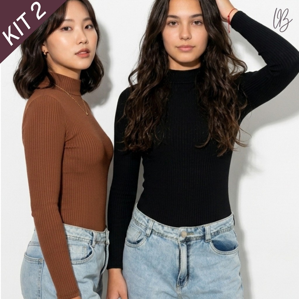 Kit 2 Cacharrel Feminina Canelada Gola Alta Manga Longa Confortável Moda Inverno Frio Look