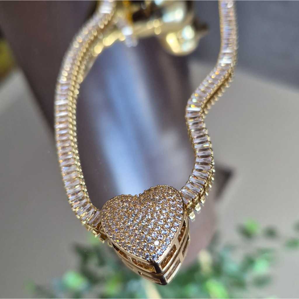 Colar Riviera Coração Cravejado Zircônia Folheado Ouro 18K Luxo Gargantilha Feminina Tendência