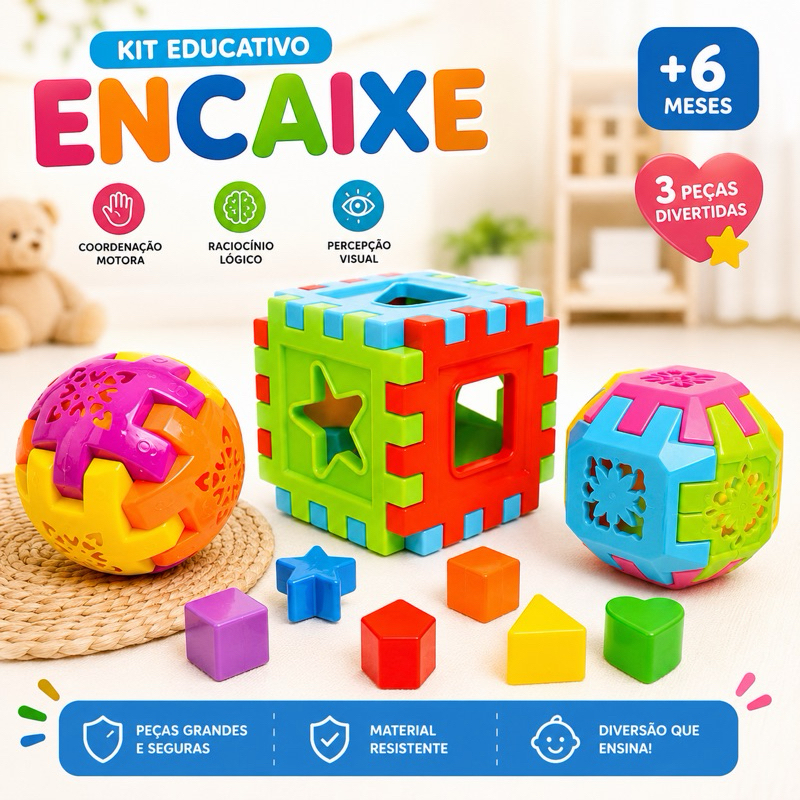Kit 3 Peças Encaixe Formas Educativo Sensorial Montessori Bebê Infantil Aprendizado e Coordenação
