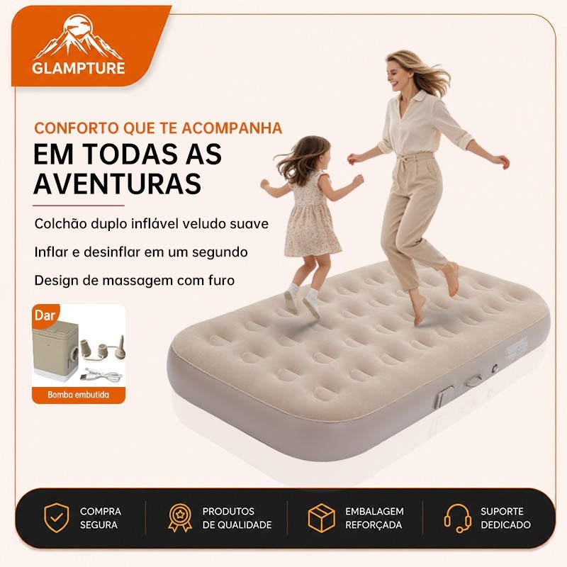 glampture Colchão Inflável Queen Casal Cama De Campanha Bomba Inflável Com Bateria De Lítio Integrada 203*154*44cm