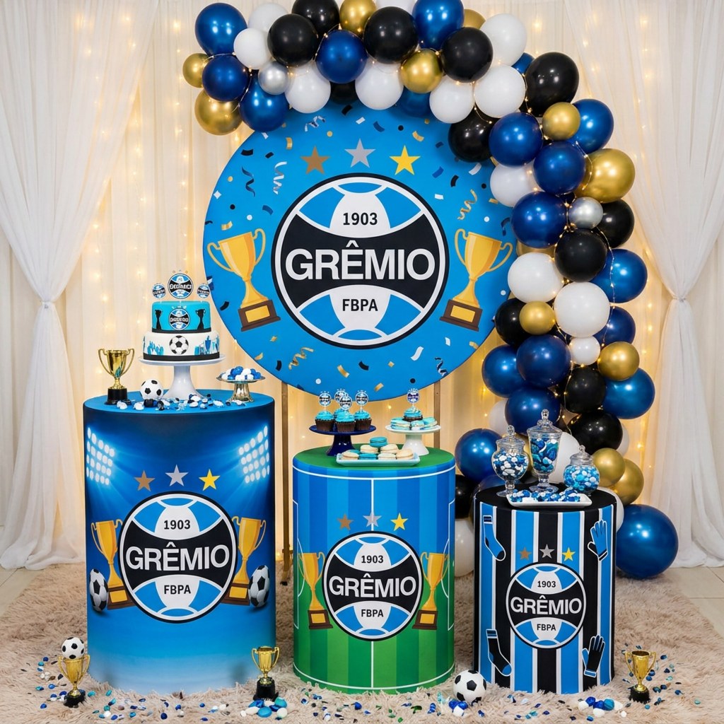 Painel Redondo Gremio FBPA 1903 + 3 Cilindros Decorativos Festa (COD: 3432)