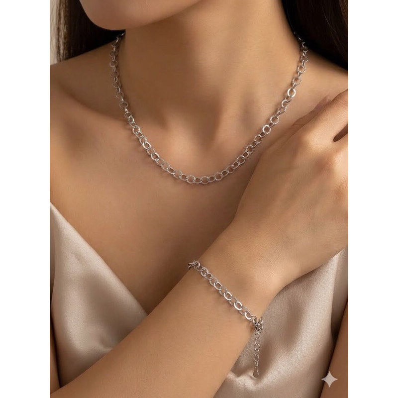 Conjunto Feminino Colar E Pulseira Aço Inoxidável 316L Elo Círculo Antialérgico  Não Escurece Luxo Acabamento Manual