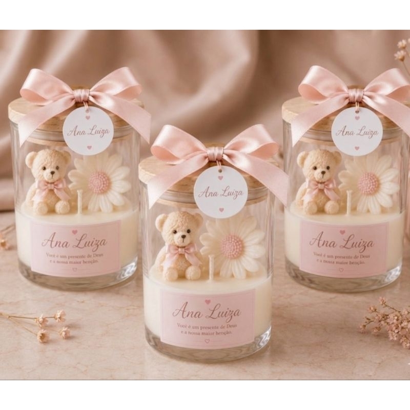 Vela Aromática Personalizada Lembrancinha Maternidade Ursinha no Vidro Kit 10 Unidades