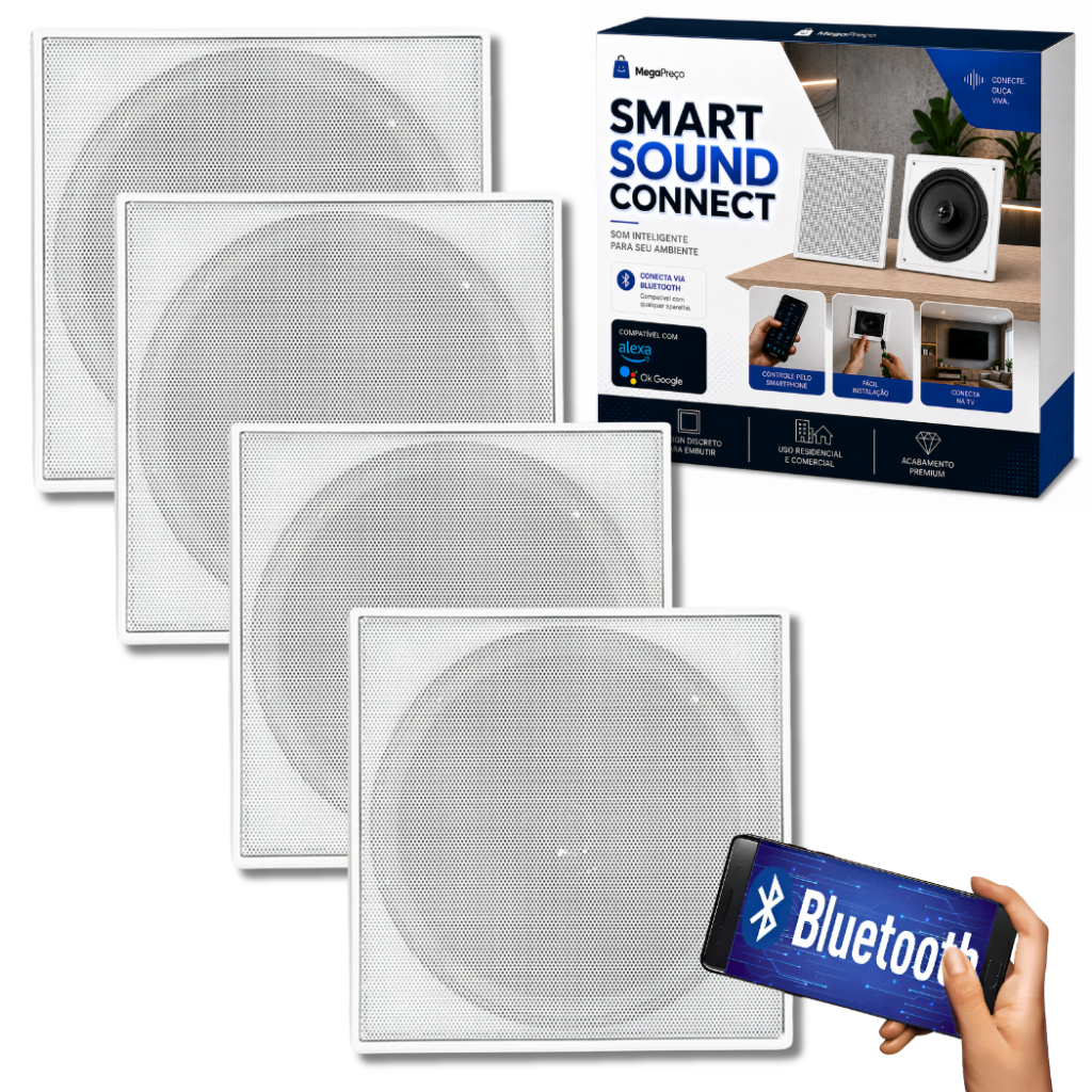 Kit Som Ambiente Arandela Alto Falante Auto Potente Embutir Quadrada Teto Gesso Parede Ativa Bluetooth + 3 Passivas