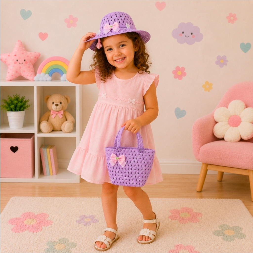 Bolsa Infantil de Palha Mão e Transversal Laço Missanga Cores Tamanho Variados Meninas Moda Casual Praia Parque Verão — imagem 2 de 2