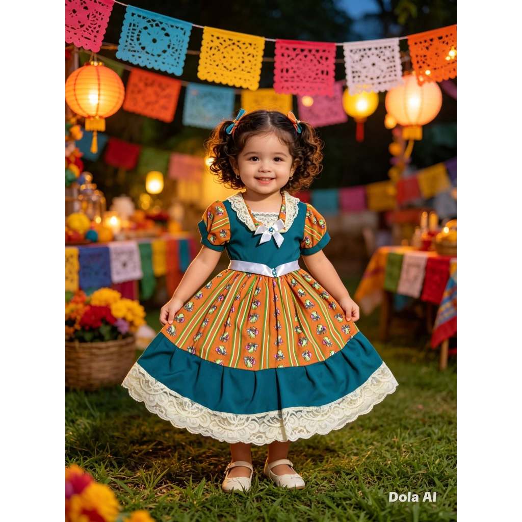 Vestido Infantil Feminino Junino, Modelo Manga Curta, Verde/Laranja Estampado, Tam: 3, Marca: Bauerbauer1977