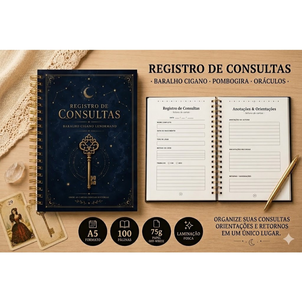 Caderno Registro de Consultas | Leitura de Cartas | Tarot Baralho Cigano Lenormand Oráculos