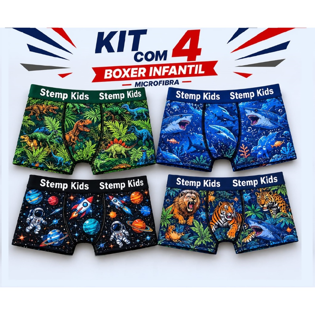 Kit com 4 Cuecas Boxer Infantil Masculino em Microfibra Estampada Cuecas Box Infanto para os Menino.