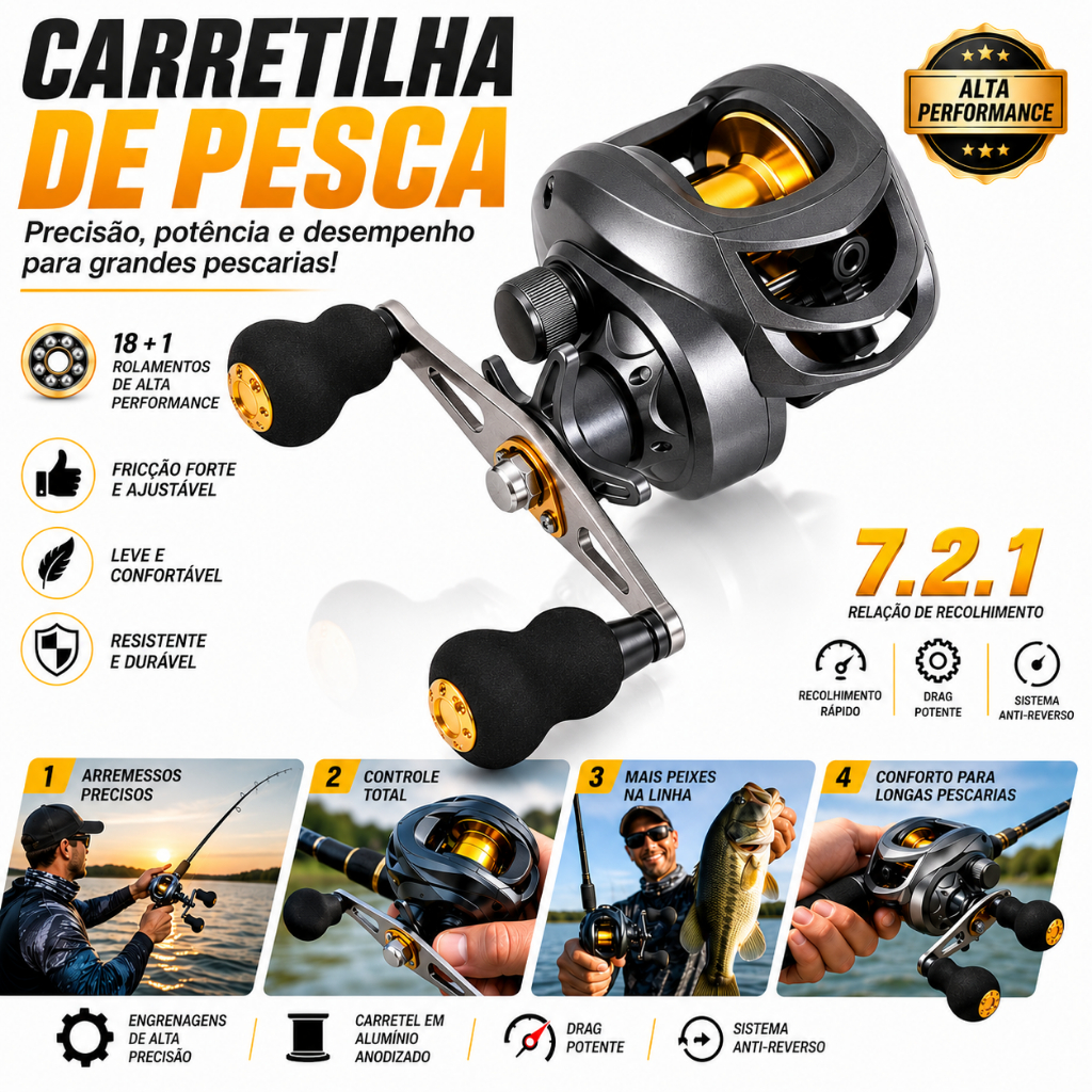 Carretilha Molinete de Pesca 7.2:1 18+1 Rolamentos Dreg perfil baixo   Manivela Dir/Esq Pescaria