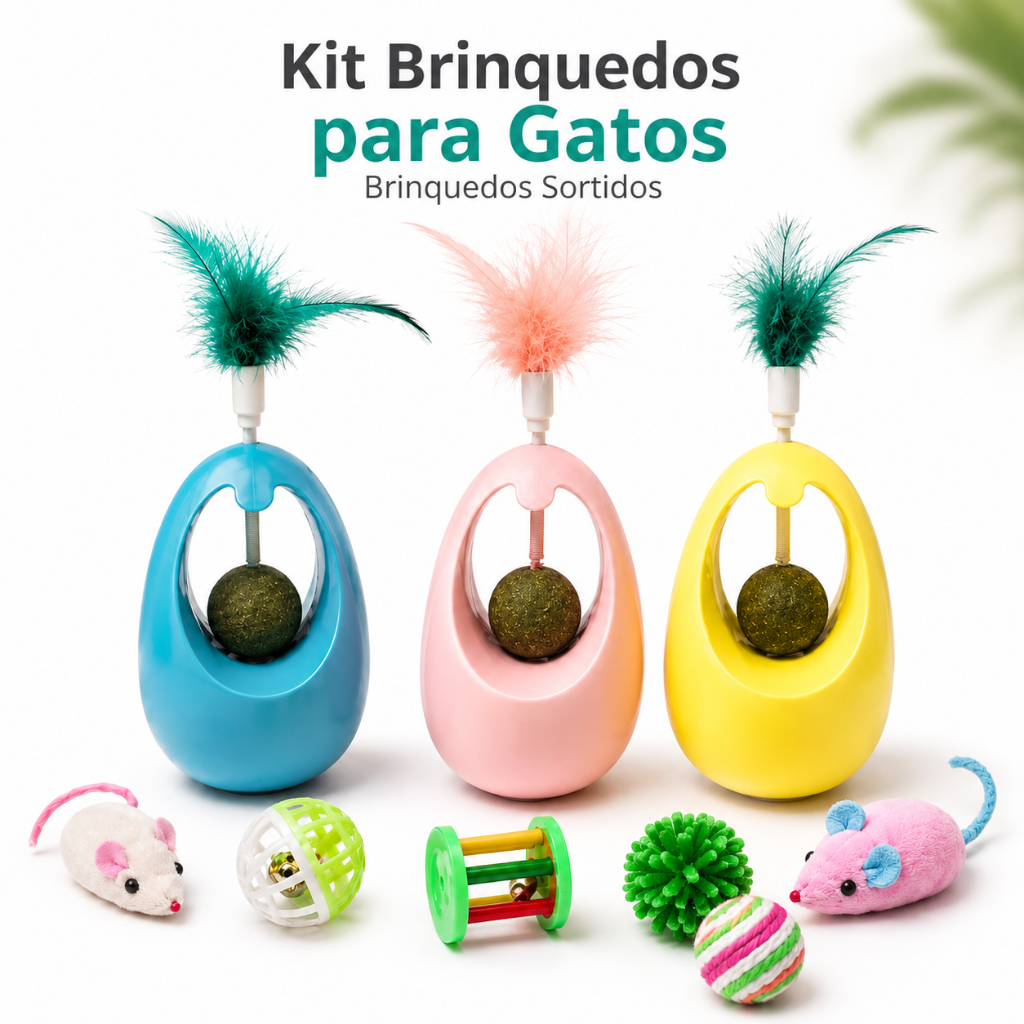 Kit Brinquedos para Gatos Interativo com Pena, Bolinha Central e Brinquedos Sortidos Anti Tédio Pet