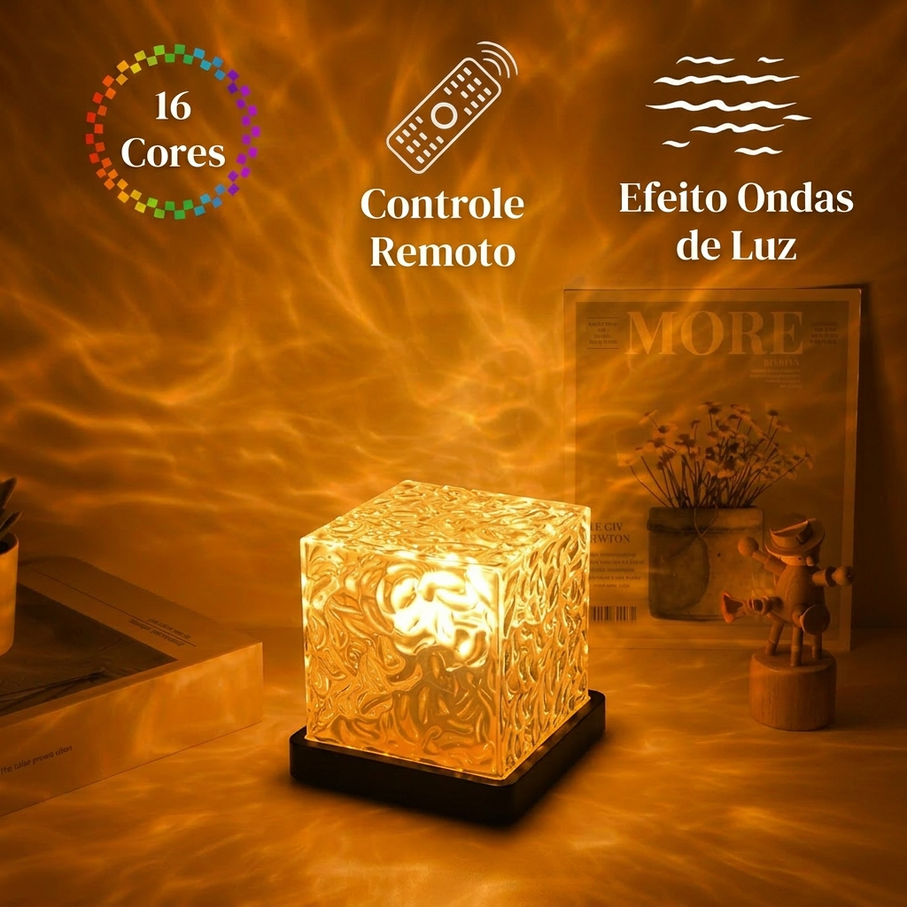 Abajur Quarto Luminária Led De Mesa Touch Projetora Ondas Do Mar Touch Com Controle Luz Noturna