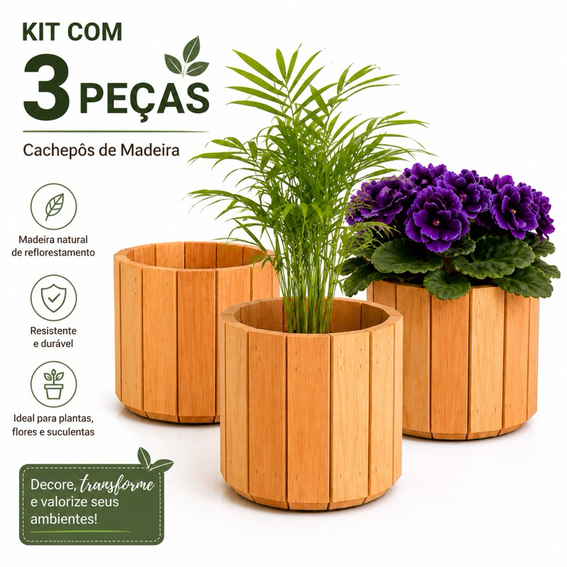 Cachepô de Madeira Kit 3 Peças Vaso para Plantas Jardim Decoração Rústica Mesa e Pendente 15x13cm