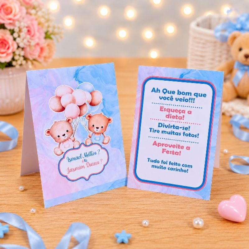 Kit Plaquinhas de Agradecimento Ursinhos Rosa e Azul Chá de Revelação - Centro de Mesa Lembrancinha de Festa infantil