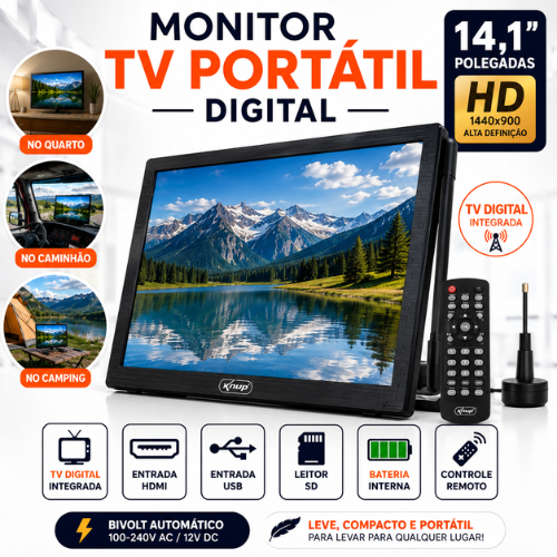 TV Portátil 14.1 Polegadas Digital HD LCD HDMI USB Monitor Portátil TV Digital Integrada Controle Remoto Antena Bivolt