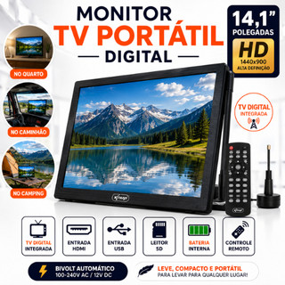 TV Portátil 14.1 Polegadas Digital HD LCD HDMI USB Monitor Portátil TV Digital Integrada Controle Remoto Antena Bivolt