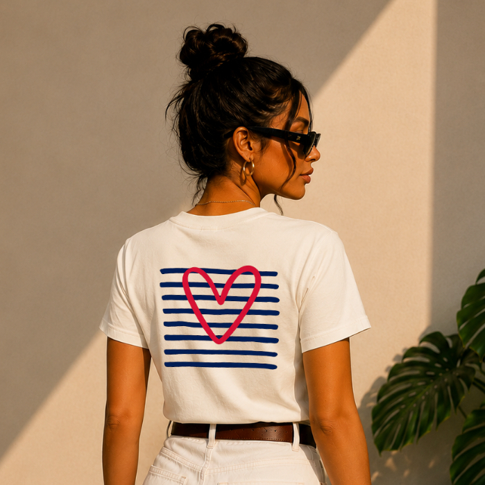 Camiseta Básica Feminina Coração Listras Minimalista Blusa Algodão Gola Redonda Lançamento