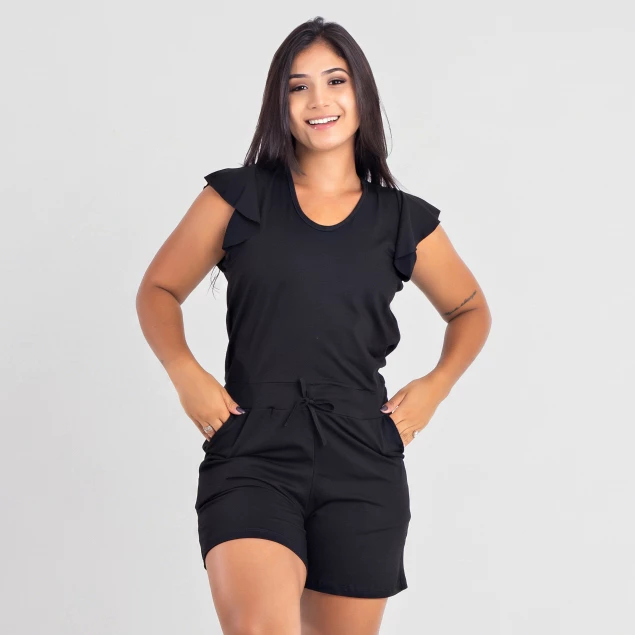 Macaquinho Feminino Soltinho Manga Curta Short Com Bolsos Regulagem Na cintura — imagem 1