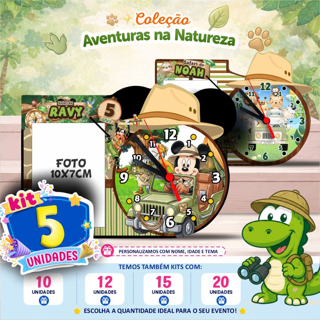 Centro de Mesa Relógio + Porta-Retrato Personalizado -Mickey, Mickey safari,Mickey circo, Mago, realeza, Disney 100 anos