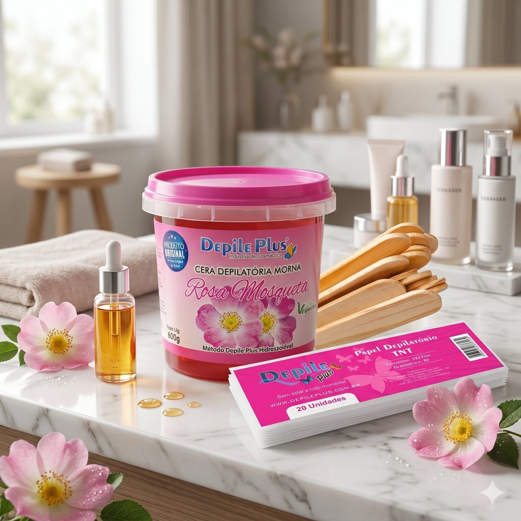 Kit Cera Depilatoria Hidrossoluvel 600g Depile Plus +  Papel Depilatorio 20Un + Espátula Larga 15un