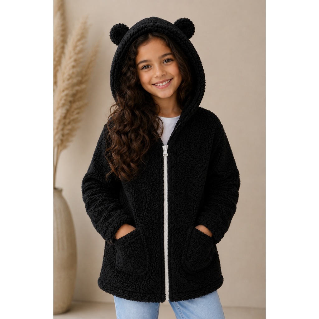 Casaco Infantil Teddy Feminino Inverno com Capuz– Blusa Peluciada Quentinha com Zíper, Bolso e Elástico Juvenil