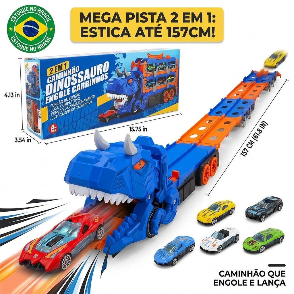 Caminhão Dinossauro Engole Carrinhos Pista Lançador 157cm Transportador Dino Truck Brinquedo Menino