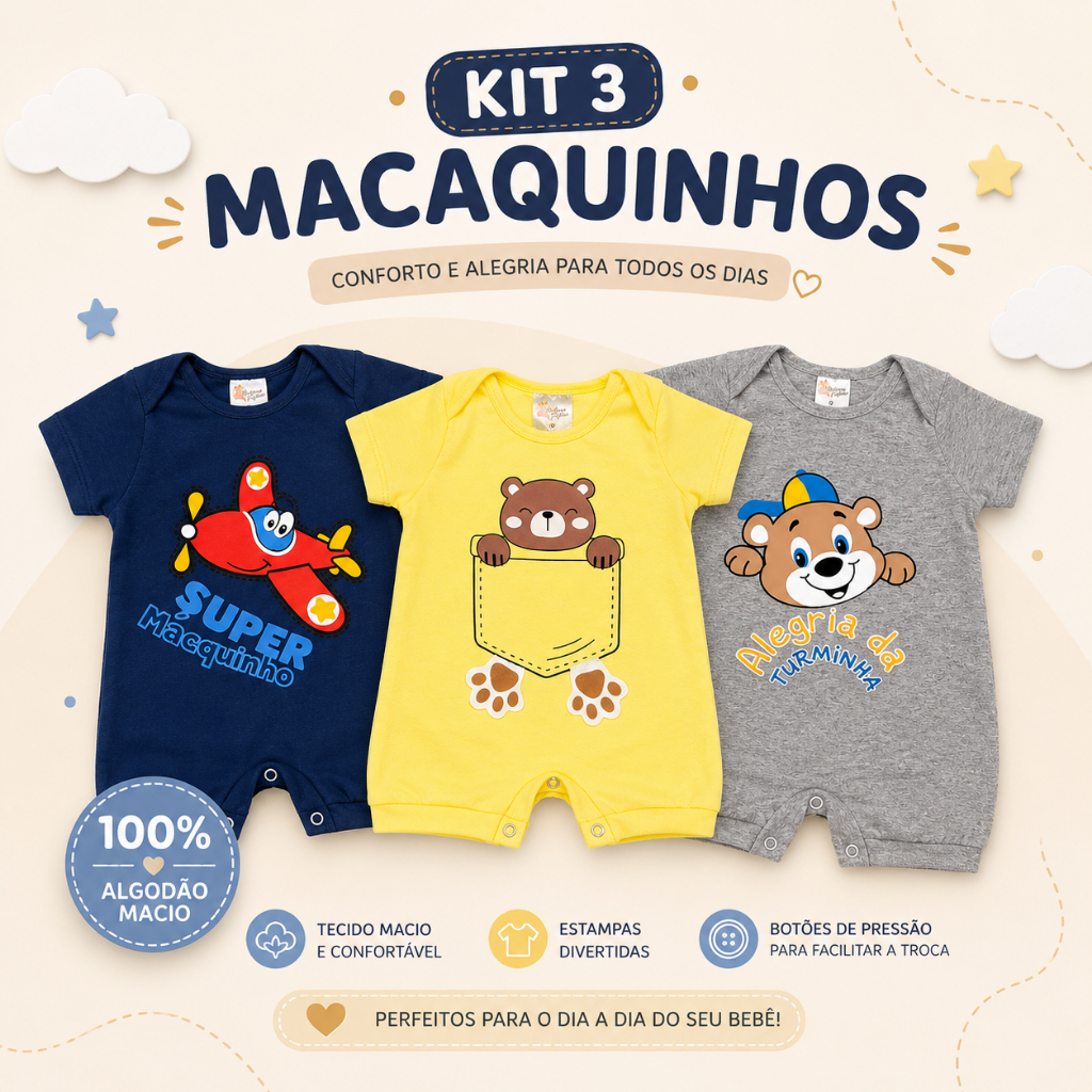 Kit 3 Macaquinhos Menino Verão Bebê 100% Algodão | Estampas Sortidas | Envio Rápido