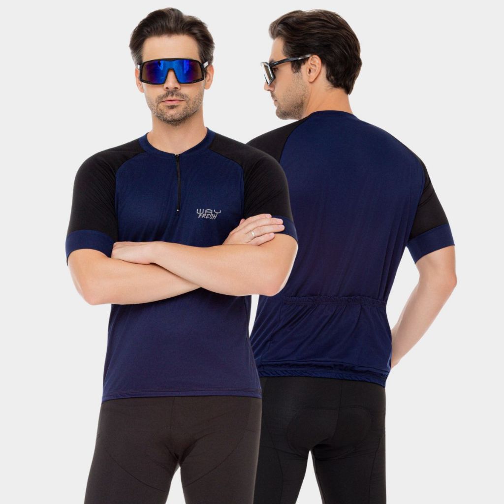 Conjunto Ciclismo Masculino Camisa Refrescante Azul Marinho e Bermuda Forro Gel Uv50 Mtb