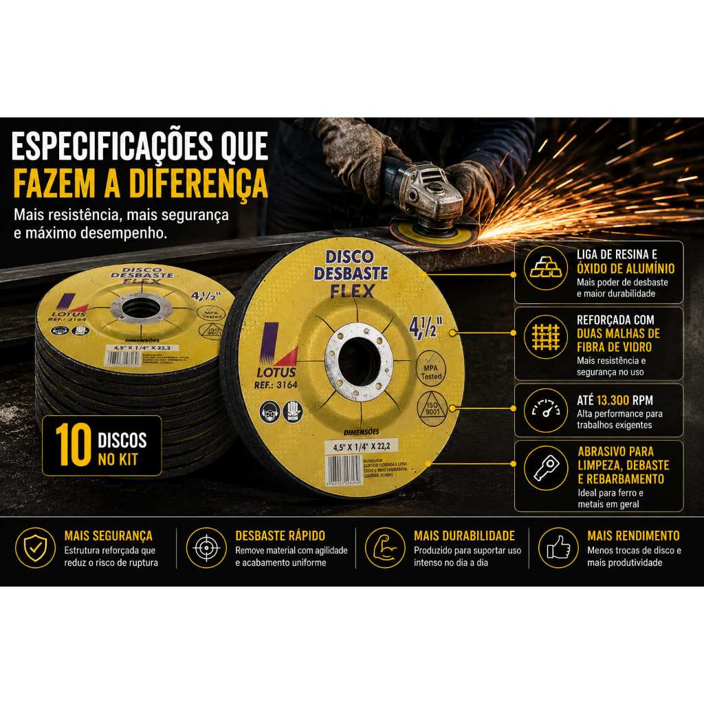 Kit 10 Discos Desbaste 4,5 x 1/4 x 22.2mm Flex Lotus