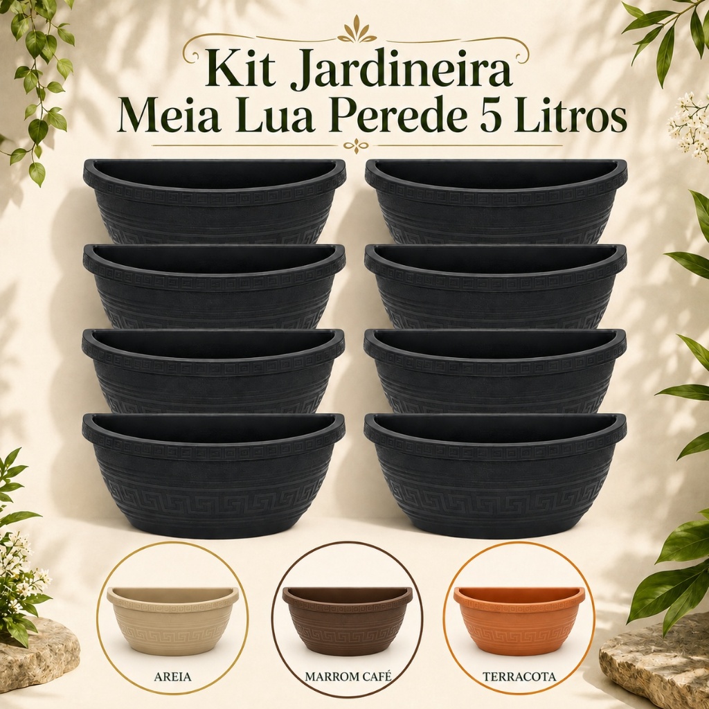 Kit Jardineira Vaso Meia Lua Parede 5 Litros em Plástico
