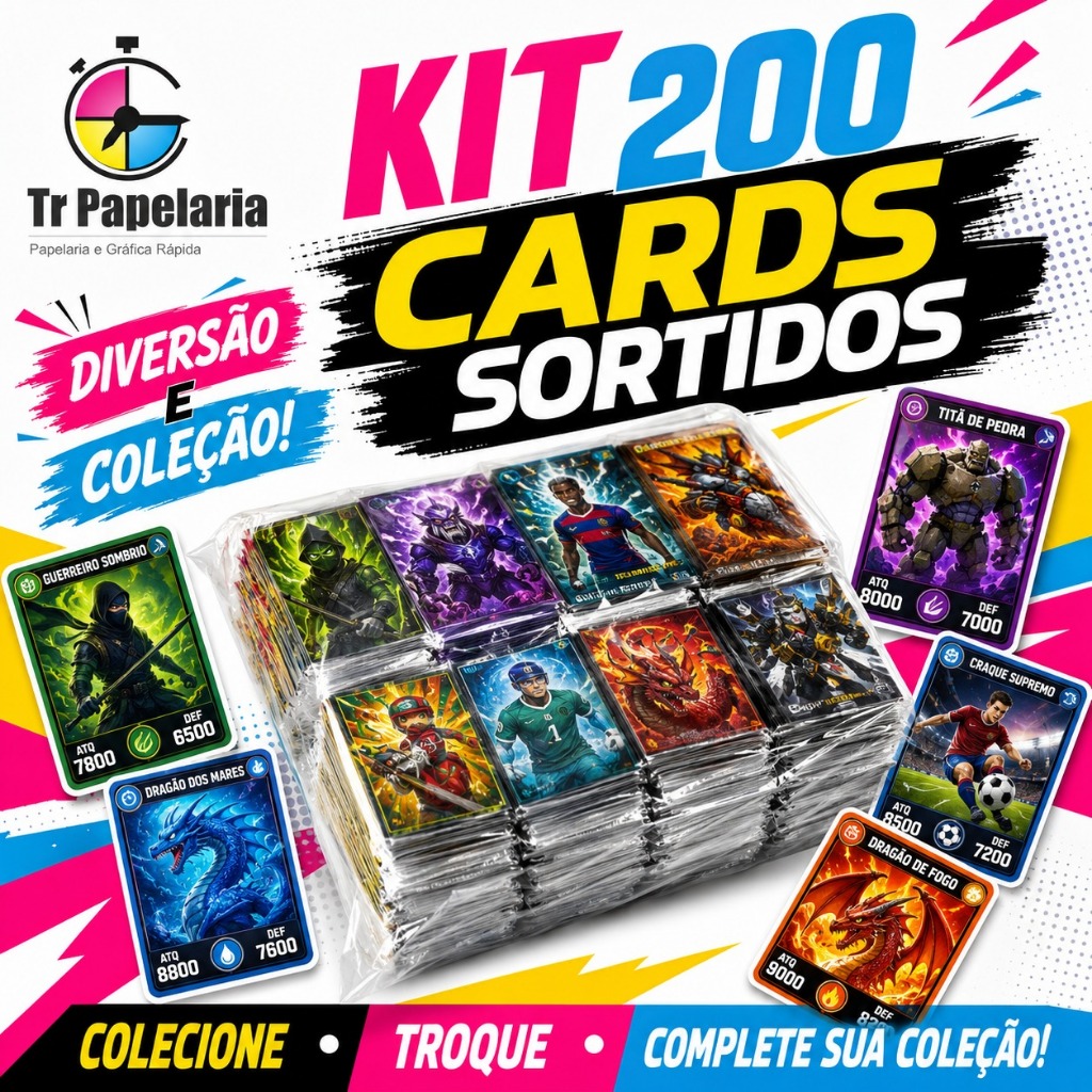KIT 200 CARDS sortido - Naruto, Pokemon, Futebol, One Piece, Dragon Ball, , Brasileirão, Boruto , etc...