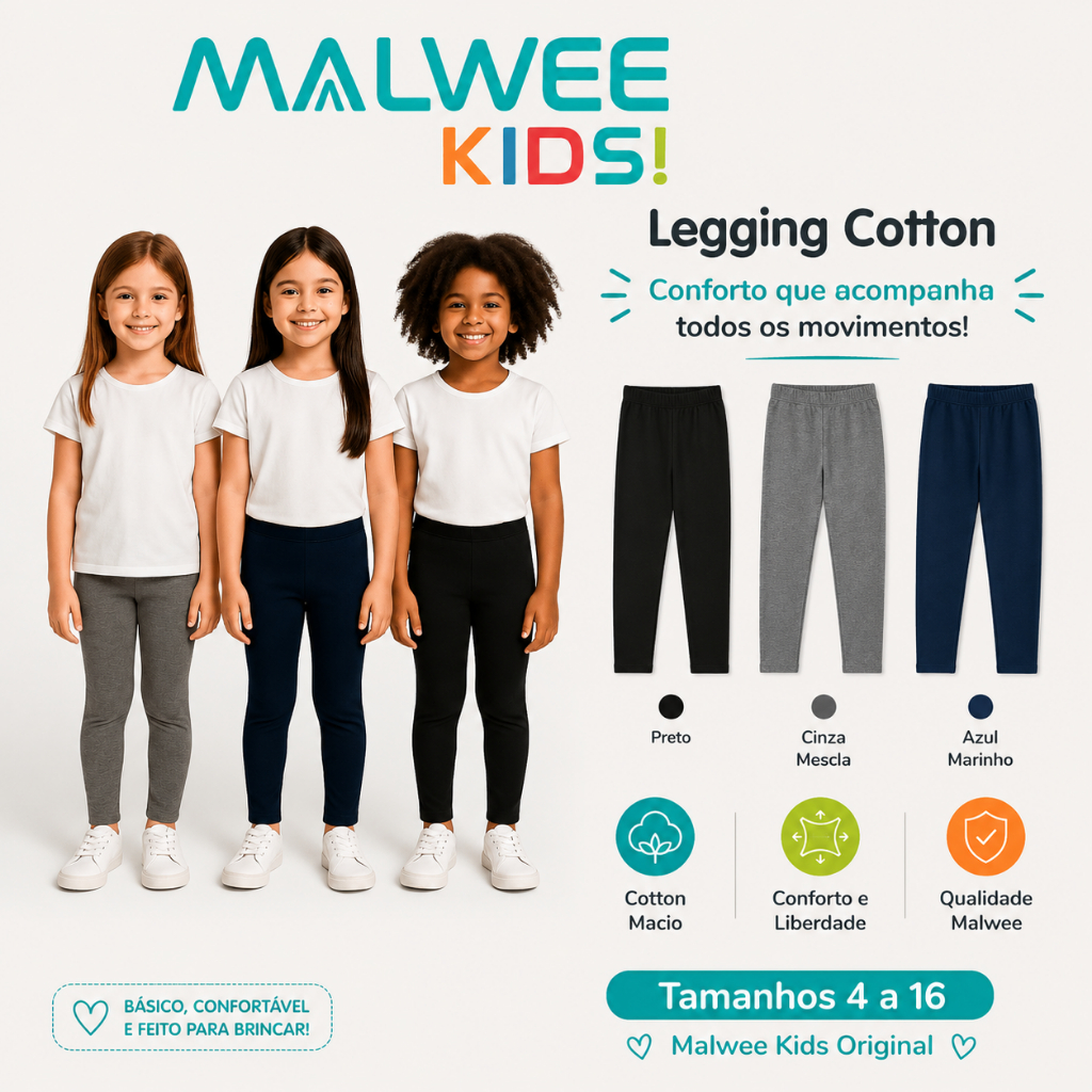 CALÇA LEGGING INFANTIL UNIFORME MALWEE KIDS MENINA BÁSICA LISA COTTON UNIFORME ESCOLAR 1 a 16 ANOS