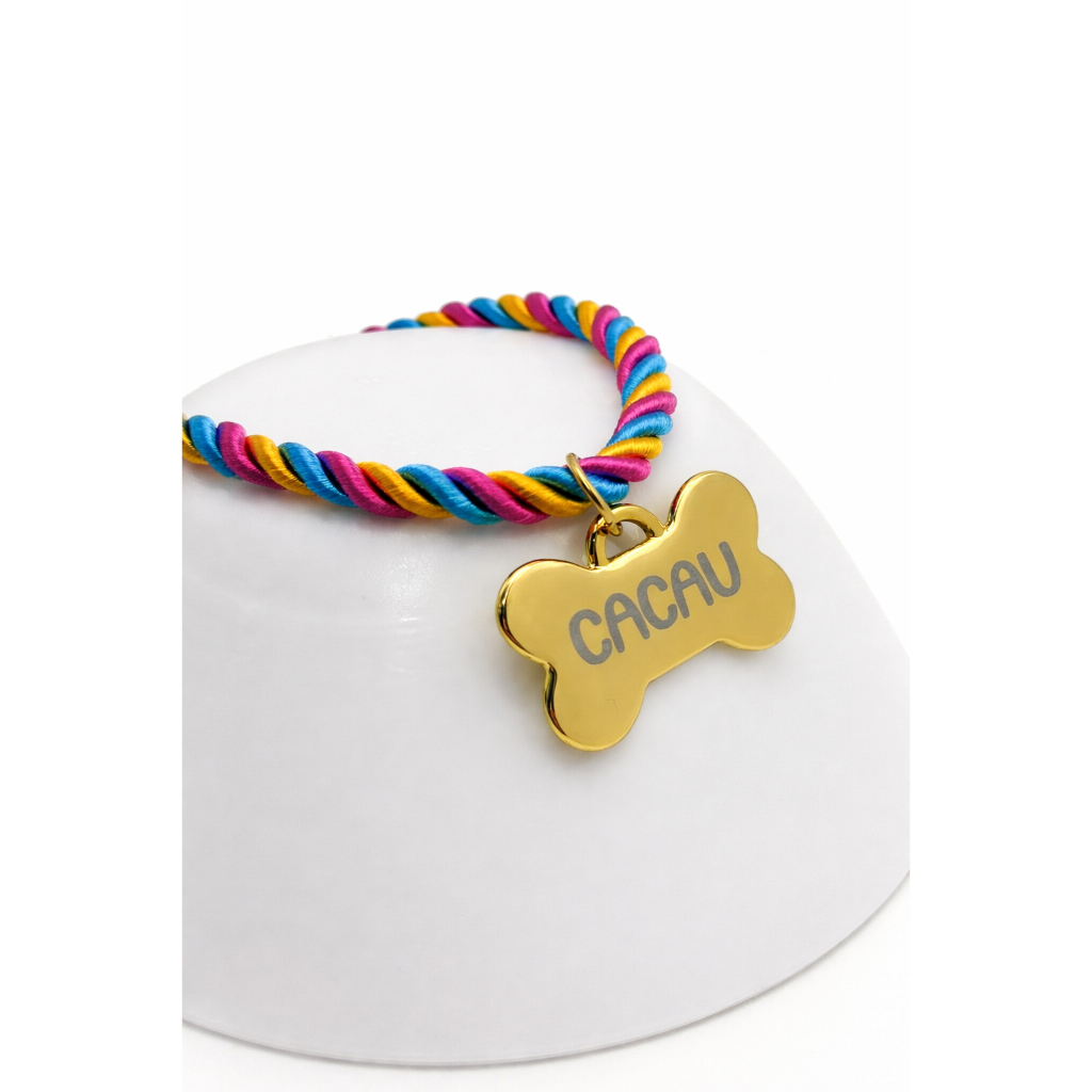 Coleira Pet Luxo Cachorro Com Pingente Osso Ouro Personalizada Tag Identificação Nome Cão e Tutor