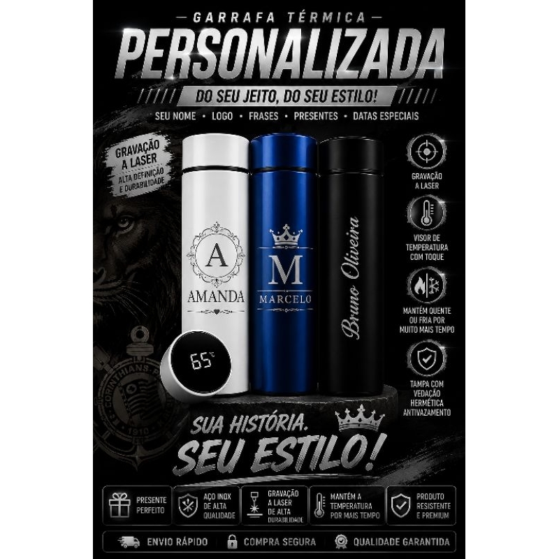 Garrafa Térmica Personalizada Nome Logo Gravação Laser Aço Inox Inteligente Com Sensor Medidor D Temperatura Digital Led