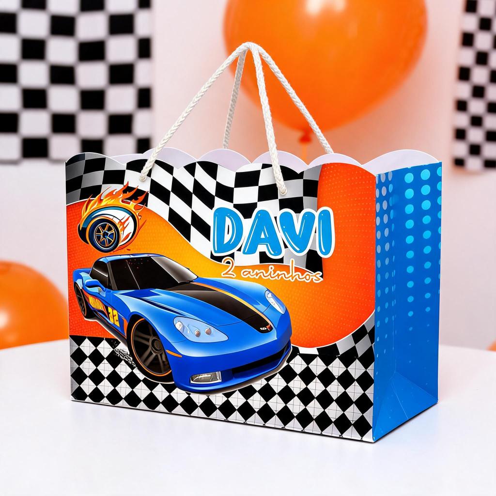 Sacolinha Carrinhos de Corrida Personalizada Com Nome Lembrancinha Festa Infantil Pegue e Monte