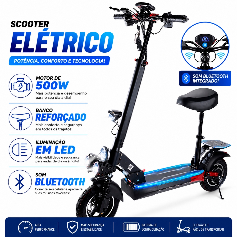 Patinete Eletrico com Banco Assento 500W Profissional Suporta Até 150Kg Off Road